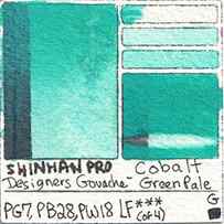 PG7 PB28 PW18 Shinhan Pro Designers Gouache Cobalt Green Pale fugitive dye pigment color lightfast fade test swatch card art image