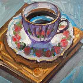 Original oil painting coffee and book. Cozy wall art. thumb