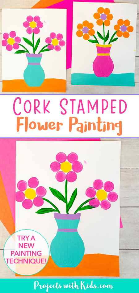 Cork stamped flower painting project examples for Mother's Day, spring and summer. 