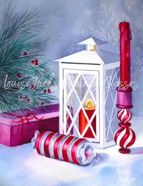 watercolor painting of Christmas tree, ornaments, candle, and a lantern