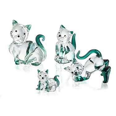 HDCRYSTALGIFTS Blown Glass Cat Figurines Collectibles Pack of 4 Emerald Green Crystal Kitty Animal Statue Kitten Sculpture