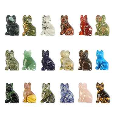 Gemstone Mix 2pcs Hand Carved Healing Crystals Cat Figurines Statues Home Decor Kitten 1.6 inches (Sit Cat)