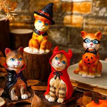 Soaoo 4 Pcs Halloween Cat Figurine Halloween Cute Cat Statues Set Cat Resin Sculpture Decoration Halloween Cat Ornaments for Home Office Tabletop Desk Decoration Holiday Indoor Outdoor 4 Styles