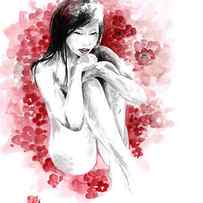 Japanese Girl Painting, Japanese Naked Girl Poster, Sensual Art Poster, Sakura Girl Wallpaper by Mariusz Szmerdt