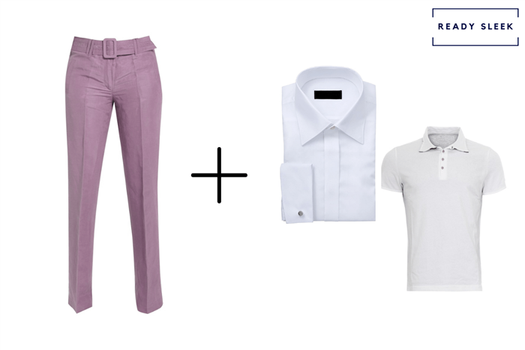 purple pants + white shirt + white polo