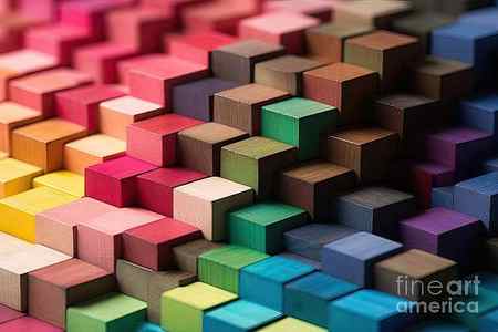 Wall Art - Painting - Spectrum Of Stacked Multi Colored Wooden Blocks Background Or Cover For Something Creative Diverse Expanding Rising Or Growing Shallow Depth Of Field by N Akkash