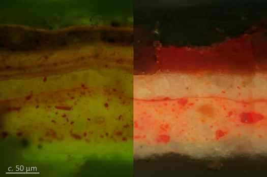 The left-hand and right-hand sides of the image show the same layers of paint in magnified cross section. The layers appear as horizontal stripes of white, pink, and red in various widths and shades, with irregularly sized reddish spots dispersed through the layers. The left-hand side is shaded with a greenish filter. When comparing the two sides, what appears to be a thicker red layer on the right-hand side of the image is revealed in the left-hand side to be made up of four or five thinner layers. A scale bar in the lower-left corner reads circa 50 micrometers and indicates that the full cross section comprising all the paint layers is approximately 200 micrometers thick.