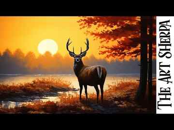 Deer at sunset lake Autumn landscape   How to paint acrylics for beginners: Paint Night at Home