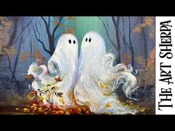 Cute Ghosts Hugging in Autumn forest   How to paint acrylics for beginners: Paint Night at Home