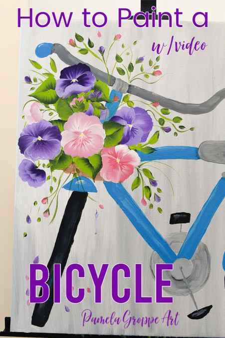 blue bicycle painting with pansy flowers, Spring acrylic painting tutorial