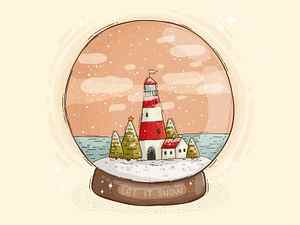 Lighthose Snow Globe 2d digital art festive holidays illustration let it snow lighthouse sea snow globe trees winter