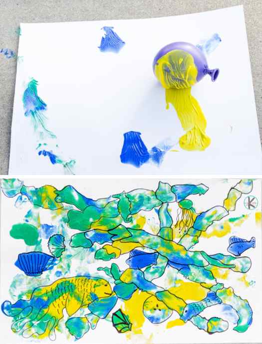 Image shows a painting made with balloons and kid-friendly paint. Idea from Kindergarten worksheets and games.