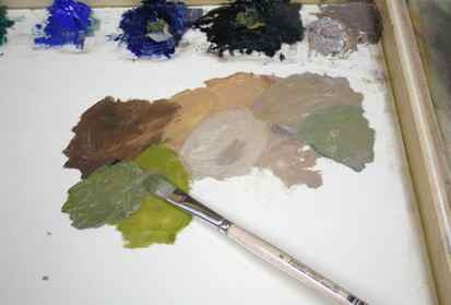 palette, mixing greens, painting in oils
