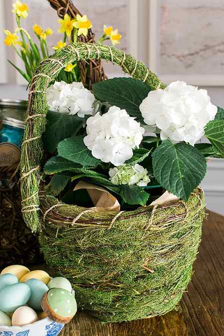 Moss covered Easter basket with flowers via Waiting on Martha