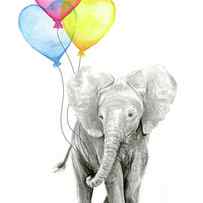 Watercolor Elephant with Heart Shaped Balloons by Olga Shvartsur