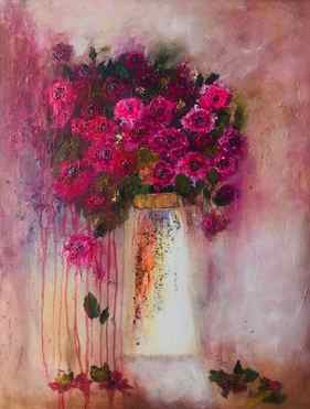 Still life pink red roses in a vase thumb