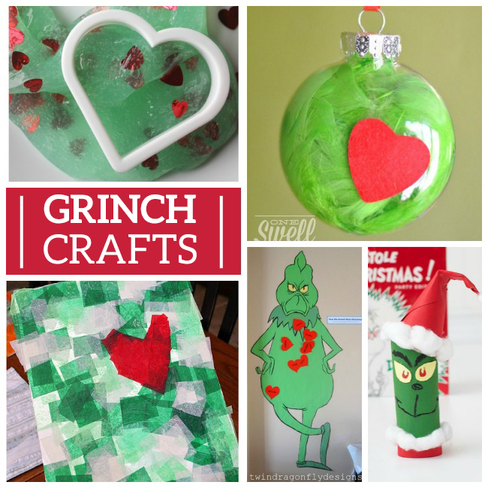 how the grinch stole christmas activities with a diy grinch card, grinch ornaments diy, grinch slime, and pin the heart on the grinch.