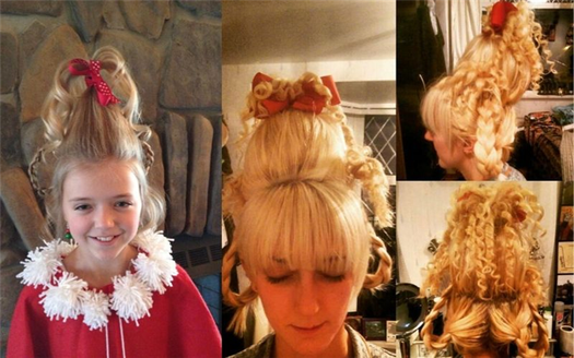 Grinch crafts- cindy lou hair on a woman and a child
