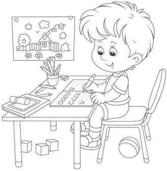 Little boy doing his homework in an exercise book with samples of writing black and white a vector illustration in a cartoon style for a coloring book