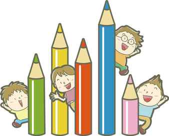 Children happily sticking their faces out of big colorful pencils