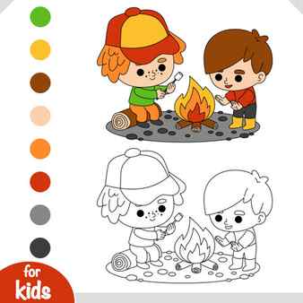 Coloring book for children cartoon characters boys and campfire
