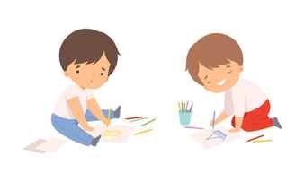 Little boy drawing on paper with colored pencil sitting on the floor vector set Stock Photo