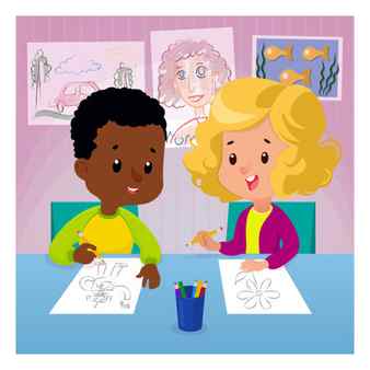 Children draw at the table with colored pencils drawing lesson with boy and girl cartoon vector illustration concept flat style graphic design cute kids learning at the drawing room Stock Photo