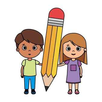 Little kids students couple with pencil vector illustration design