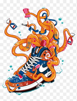 orange and blue Nike high-top sneaker with octopus tentacles holding spray, hose, and sponge illustration, T-shirt Shoe Football boot Illustration, Orange soccer shoes, fashion, sneakers png thumbnail