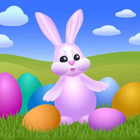 Пасхальный Кролик Красочными Пасхальными Яйцами Векторной Иллюстрации Зеленого Луга Охота — стоковый вектор