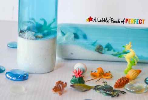 small plastic toys of different sea creatures are inside and outside some containers of blue water. 