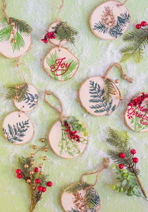 Painted wood slice ornaments with Martha Stewart stencils