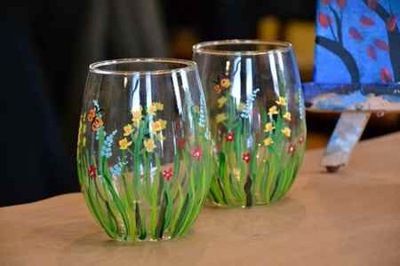 Two Glasses Painted Like Green Leaves.