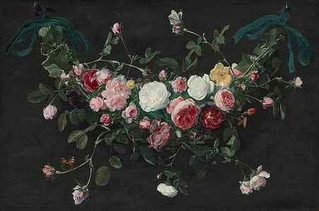Wall Art - Drawing - A garland of roses and ivy suspended by ribbons with a cabbage white and a tortoiseshell butterfly by Daniel Seghers Flemish
