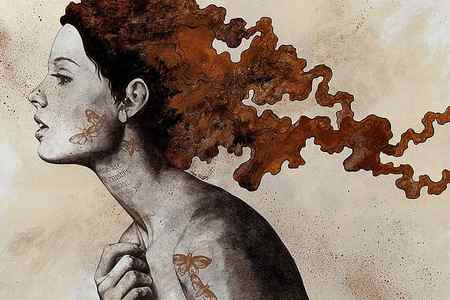 Wall Art - Drawing - Moral Eclipse I - Rust - moth tattoo woman portrait by Marco Paludet