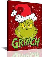 Christmas Wall Art for Living Room Bedroom Home Decorations Green and Red Fun Cute Grinch Themed Xmas Holiday Kids Wall Ar. 