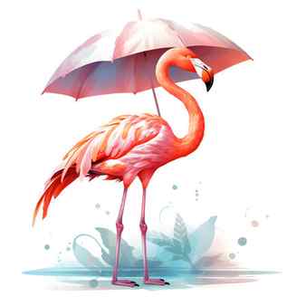 Pink flamingo with umbrella in watercolor style vector illustration