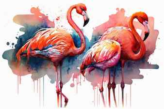 Flamingos painted in a vibrant watercolor style illustration by painting Stock Photo