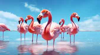 Several flamingos stand next to each other in the water leisure concept generative ai