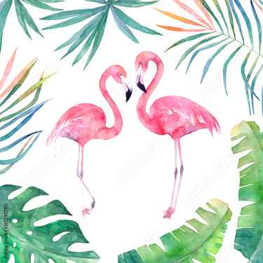 Wallpaper Mural Watercolor card with leaves frame and two flamingos