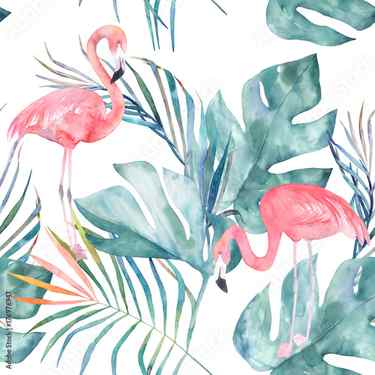 Photo Tropical seamless pattern with flamingo and leaves