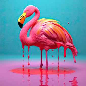 Exotic pink bird splashing in colored water flamingo on a blue background generative ai Stock Photo