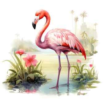 A flamingo gracefully stands on a serene stream set against a vibrant pink background adorned with beautiful flowers this artwork captures the essence of realistic landscapes with soft edges showcasing a colorful caricature in a watercolorist style the scene evokes a sense of mystery reminiscent of a lush jungle inspired by the detailed character illustrations of arthur sarnoff this graphic illustration is a stunning visual