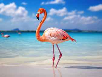 Pink flamingo on the beach aruba island Stock Photo