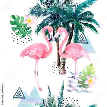 Photo Abstract tropical pattern with flamingos, palm trees