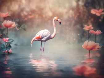 Flamingo in the lake with pink flowers retro style
