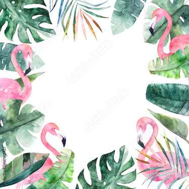 Photo Watercolor frame with tropical jungle leaves and pink flamingo