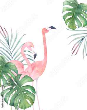 Canvas Print Watercolor illustration with couple flamingos and green tropical leaves on white background