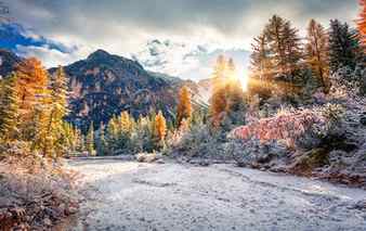 First snow in naturpark fanes sennes prags colorful autumn landscape in dolomite alps braies lake location italy europe Stock Photo