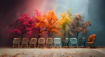 Colorful wooden chairs on the board contrast with the background of colorful flowers and trees Stock Photo